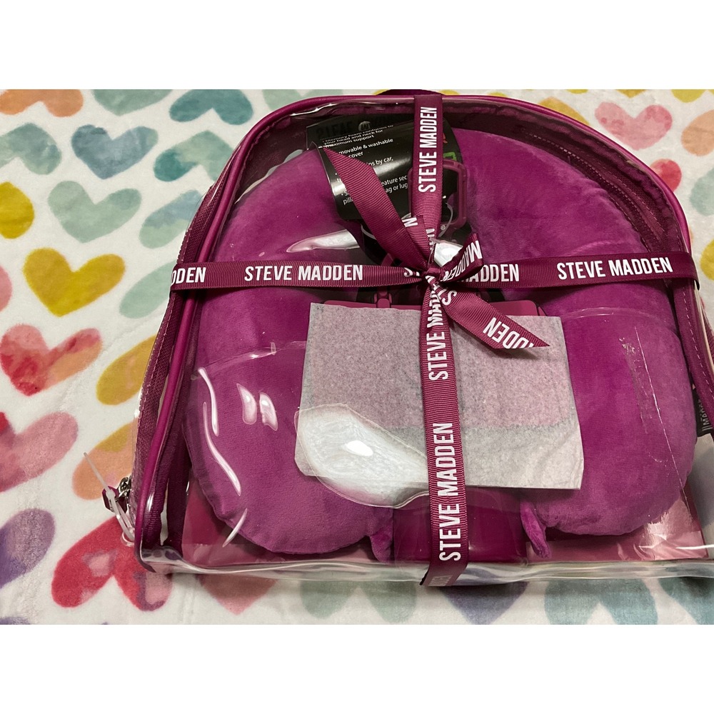 Steve Madden 4 Piece Travel Gift Set Neck Pillow Luggage Tag Water Bottle Pink